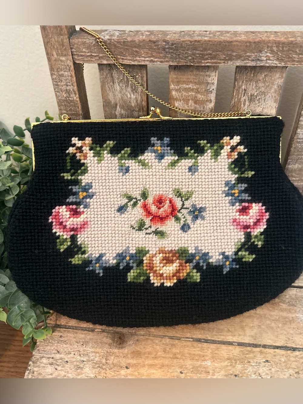 1950s Kisslock Handbag Floral Needlepoint Purse Wool Tapestry Cocktail Bag EUC
